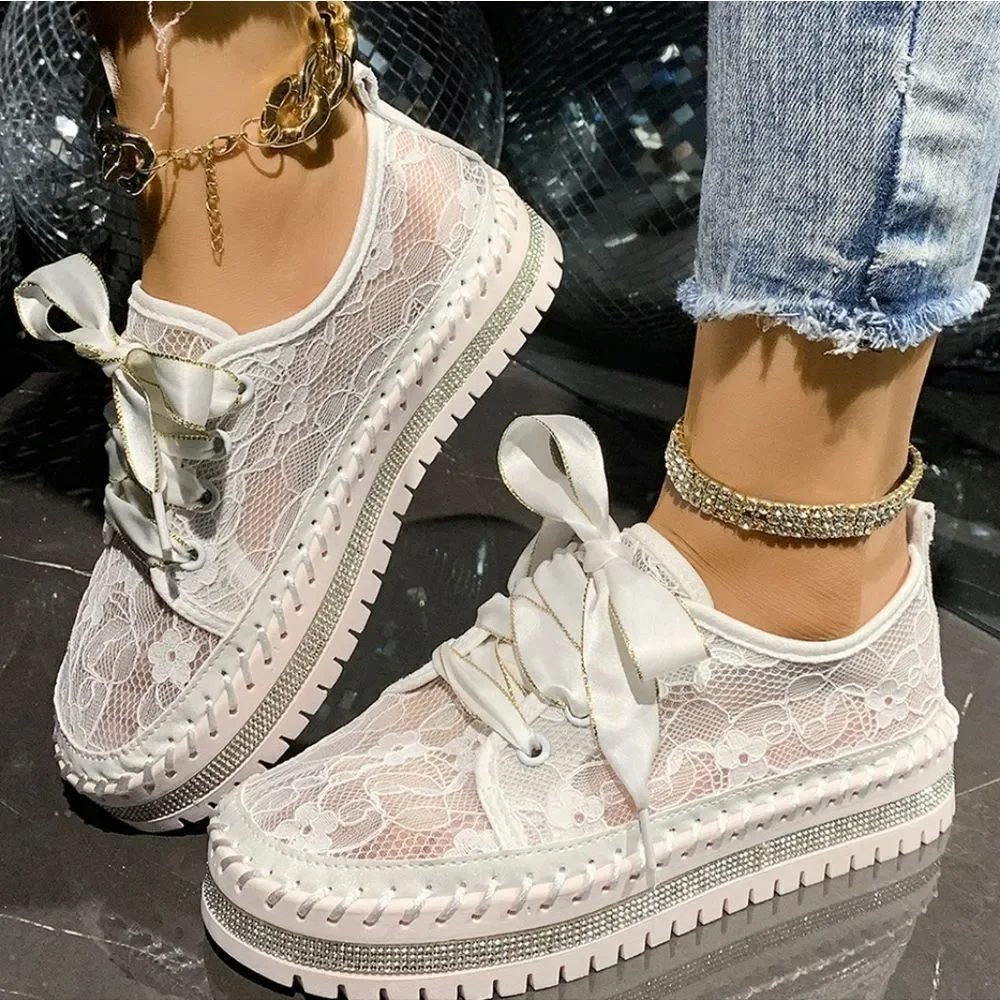 Round Toe Platform Loafers – Chic Lace Mesh Sneaker Low Heel Slip-Ons Pink Sole